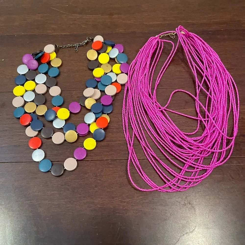 set of 2 -Colorful Disc Necklace and Pink Beaded Necklace Set